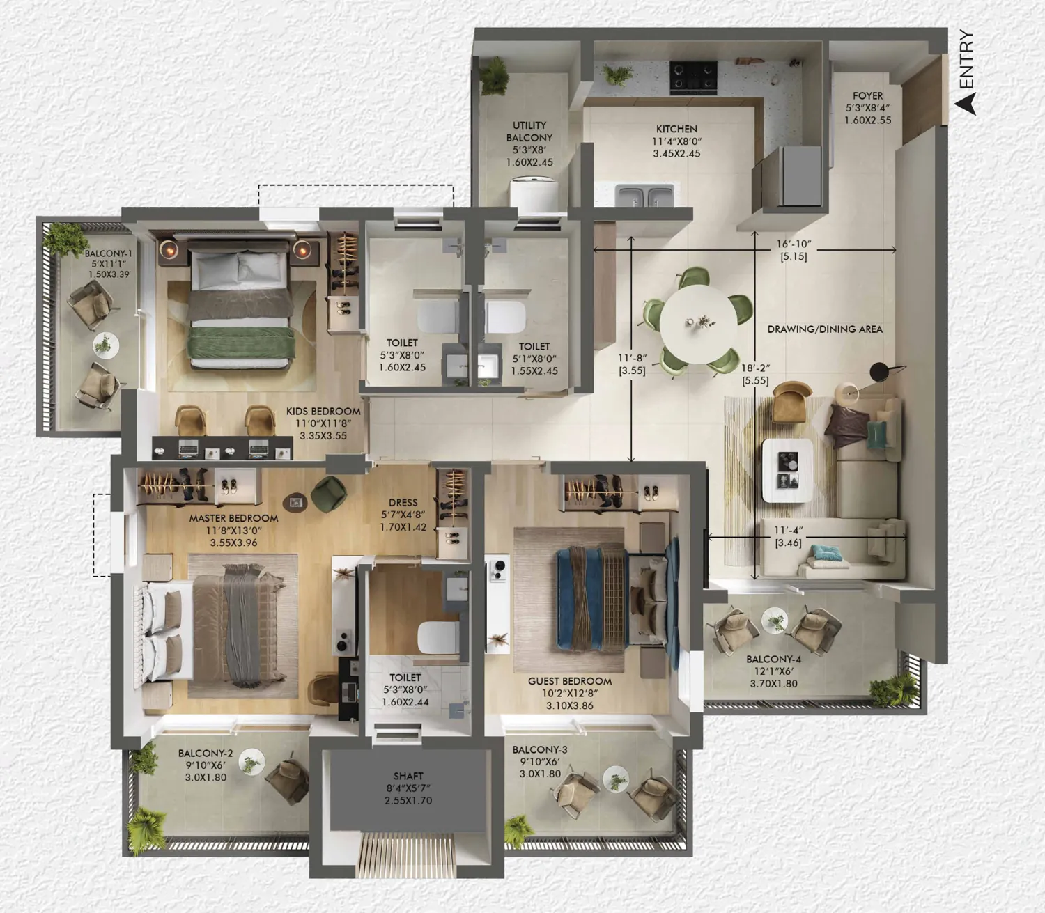 3 BHK + 3T floor plan, 1,057 sq ft