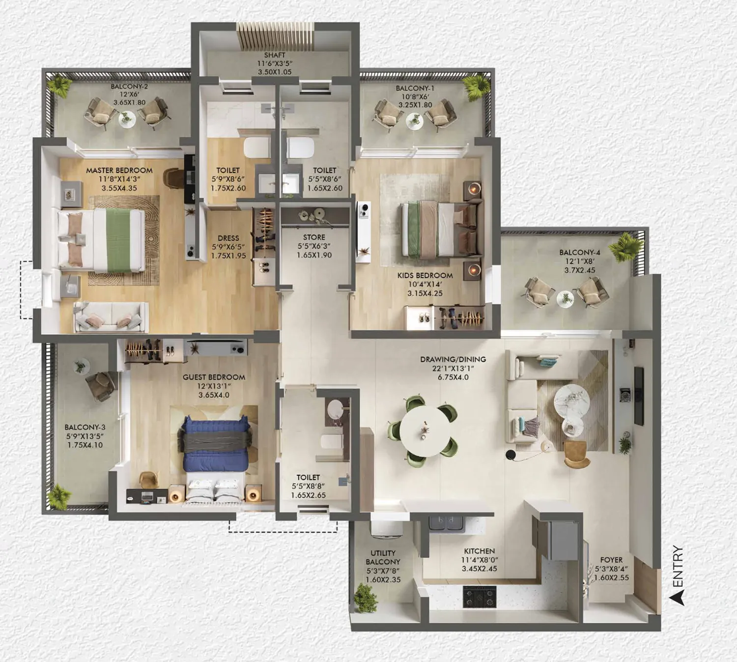 3 BHK + 3T floor plan, 1,223 sq ft