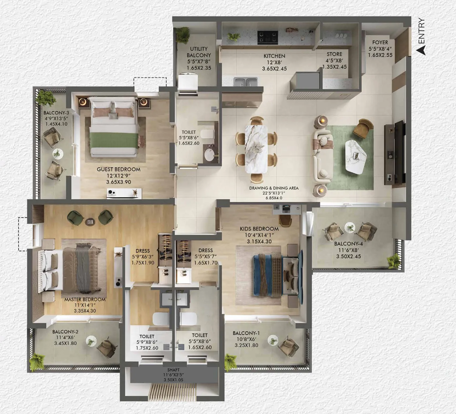 3 BHK + 3T floor plan, 1,259 sq ft