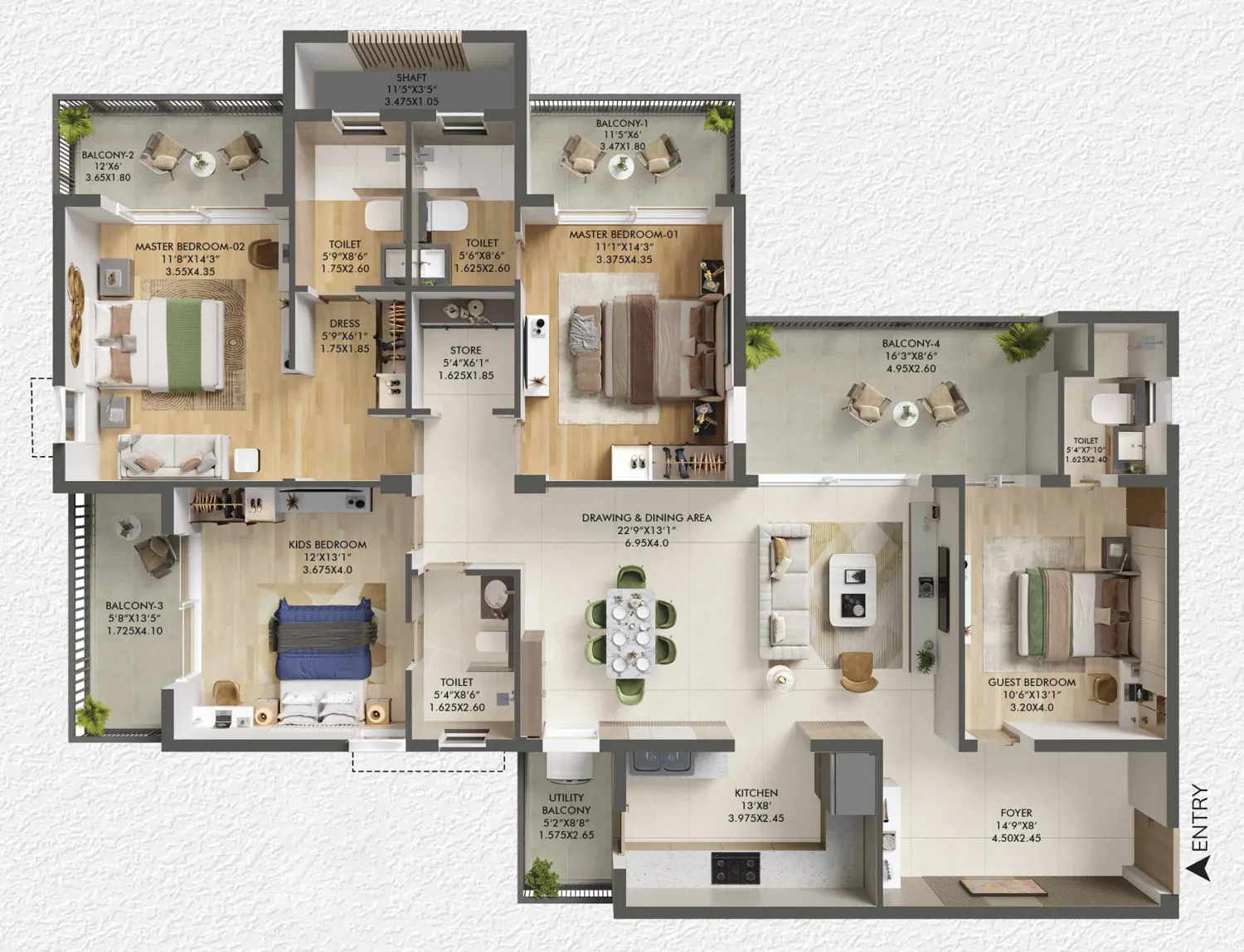 4 BHK + 4T floor plan, 1,521 sq ft